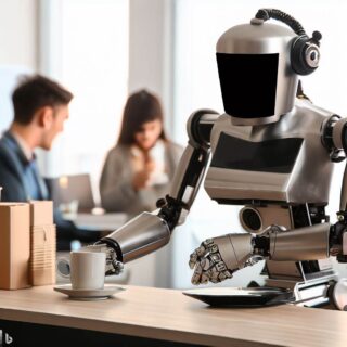 A Inteligência Artificial Pode Substituir o Homem? Robô servindo café em um escritório.