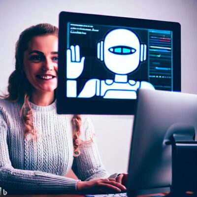 Menina em frente ao computador aprendendo Como Usar o ChatGPT, conversando com inteligência artificial