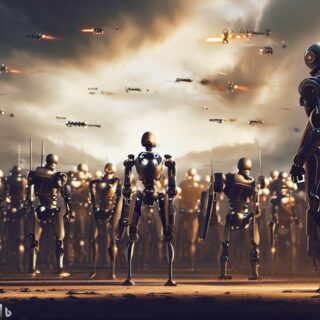 Os Perigos da Inteligência Artificial. exército de robôs de inteligência artificial enfrentando humanos em uma batalha épica