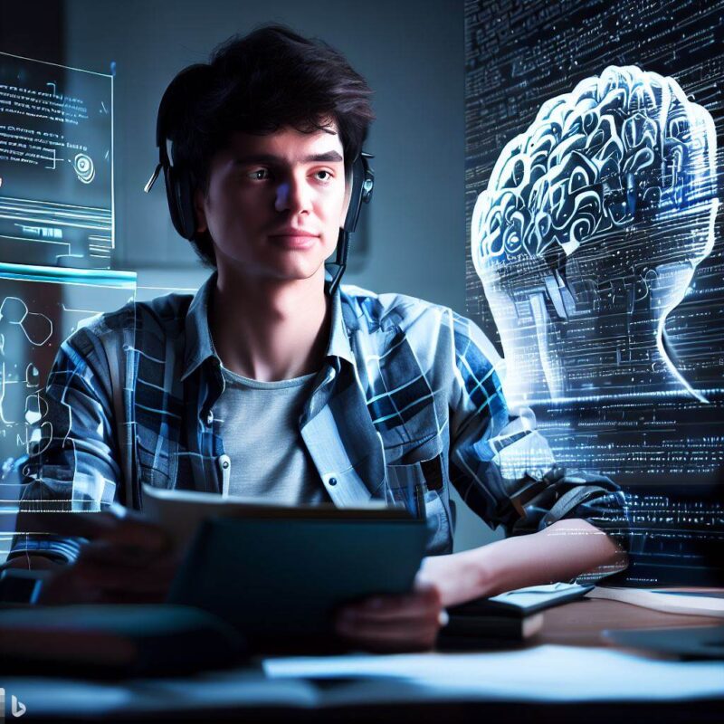 aprender inteligência artificial. jovem estudando sobre inteligência artificial em frente a um computador