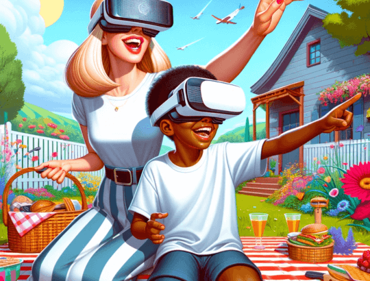 mulher branca e criança preta se divertindo com os melhores oculos VR do mercado durante um piquenique no parque